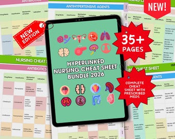 Nursing Cheat Sheet Bundle with 100 X Meds, Pharmacology, Hyperlinked 2026 (Digital Download)