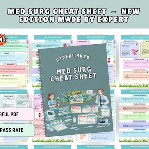 May include: A spiral-bound medical surgical cheat sheet with a dark gray cover featuring illustrations of medical professionals and equipment. The text reads Hyperlinked Med Surg Cheat Sheet. Background pages show various medical conditions.
