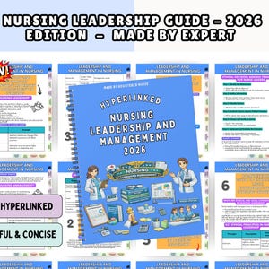 May include: A blue spiral-bound book titled "Nursing Leadership and Management 2026" with the text "Made by Registered Nurse" and "Fully Hyperlinked." The cover features illustrations of nurses and medical equipment. Additional pages with nursing leadership information are visible.