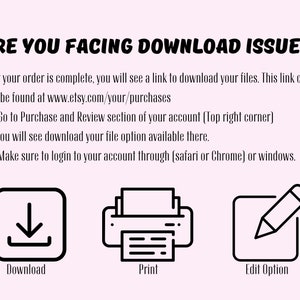 May include: A pink graphic with the text "ARE YOU FACING DOWNLOAD ISSUE?" and instructions on how to download files. Includes icons for download, print, and edit options. The text also mentions Etsy and account login.