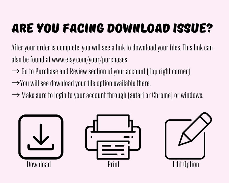 May include: A pink graphic with the text "ARE YOU FACING DOWNLOAD ISSUE?" and instructions on how to download files. Includes icons for download, print, and edit options. The text also mentions Etsy and account login.