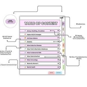 May include: A digital table of contents page with a light pink header and list items including Airway, Breathing, Circulation, Kaplan NCLEX Strategies, Acid base balance, Diabetes, NCLEX Endocrine Diseases, Fluid & Electrolyte Imbalances, and Mental Health.