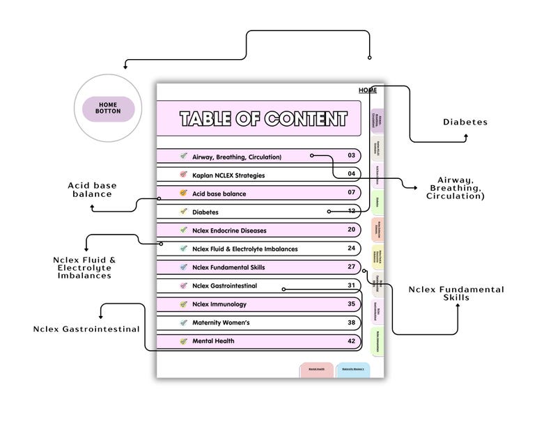 May include: A digital table of contents page with a light pink header and list items including Airway, Breathing, Circulation, Kaplan NCLEX Strategies, Acid base balance, Diabetes, NCLEX Endocrine Diseases, Fluid & Electrolyte Imbalances, and Mental Health.