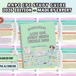 May include: A green spiral-bound study guide titled "AAPC CPC Study Guide Bundle 2026" with the text "Hyperlinked" and "Colorful & Concise." Surrounding the guide are several smaller study guides with various topics. The image includes the text "Made by Expert."