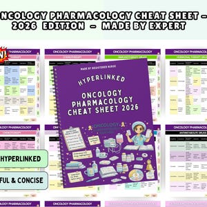 May include: A spiral-bound oncology pharmacology cheat sheet for 2026 with a purple cover featuring illustrations of medical supplies, a nurse, and the text "Hyperlinked Oncology Pharmacology Cheat Sheet 2026". Background shows multiple pages.