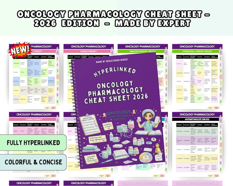 May include: A spiral-bound oncology pharmacology cheat sheet for 2026 with a purple cover featuring illustrations of medical supplies, a nurse, and the text "Hyperlinked Oncology Pharmacology Cheat Sheet 2026". Background shows multiple pages.