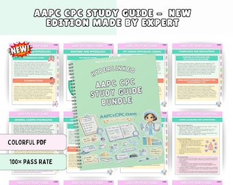 Könnte beinhalten: Ein spiralgebundenes AAPC CPC-Studienhandbuch mit hellgrünem Einband, das eine medizinische Fachkraft, eine Checkliste und medizinisches Zubehör zeigt. Der Text lautet AAPC CPC STUDY GUIDE - NEW EDITION MADE BY EXPERT.