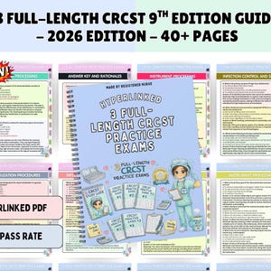 May include: A light blue spiral-bound book titled "3 FULL-LENGTH CRCST PRACTICE EXAMS" with a cartoon nurse illustration. The book is surrounded by study guides and practice exams. Text includes "2026 Edition - 40+ Pages" and "Hyperlinked PDF".