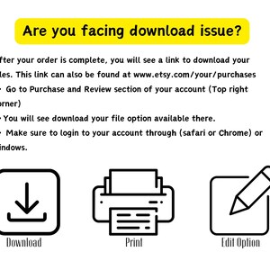 May include: An informational graphic with a yellow header reading Are you facing download issue? followed by instructions for accessing digital files on Etsy. Below are three black line icons labeled Download, Print, and Edit Option.