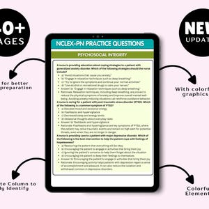May include: A digital tablet displaying NCLEX-PN practice questions under the heading Psychosocial Integrity. The screen shows multiple-choice nursing exam questions with answers and rationales. Text includes 40+ PAGES, NEW UPDATED, Made for better exams preparation, With colourful graphics, Separate Column to easily Identify, and Colourful Elements.