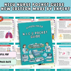 Op de afbeelding: Een spiraalgebonden NICU-zakgids met een talingkleurige kaft met illustraties van medische apparatuur en twee zorgverleners. De tekst luidt Hyperlinked N.I.C.U Pocket Guide. Omliggende pagina's tonen klinische informatie.