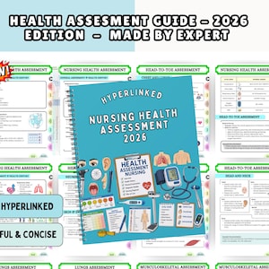 May include: A spiral-bound nursing health assessment guide for 2026 featuring a teal cover with medical illustrations including a stethoscope, blood pressure monitor, and clipboard. The guide is surrounded by multiple pages of clinical assessment charts.
