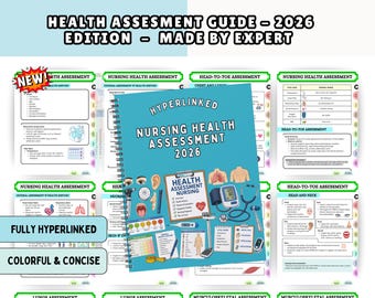 May include: A spiral-bound nursing health assessment guide for 2026 featuring a teal cover with medical illustrations including a stethoscope, blood pressure monitor, and clipboard. The guide is surrounded by multiple pages of clinical assessment charts.