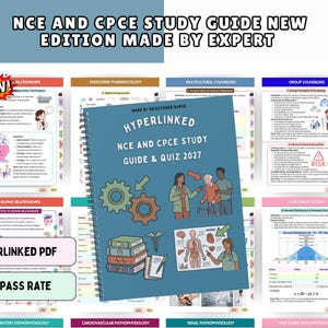 May include: A spiral-bound study guide titled Hyperlinked NCE and CPCE Study Guide & Quiz 2027 with a blue cover featuring illustrations of gears, a medical professional assisting a patient, books, and an anatomical diagram.