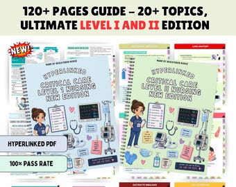 May include: Two spiral-bound nursing guides titled Hyperlinked Critical Care Level 1 and Level 2 Nursing New Edition. The covers feature illustrations of a nurse, medical equipment, heart icons, and text including 120+ Pages Guide - 20+ Topics.