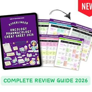 May include: A digital tablet displaying a purple cover titled Hyperlinked Oncology Pharmacology Cheat Sheet 2026 with medical illustrations, alongside several printed pages of pharmacology tables and a red New banner with a hand-drawn arrow.