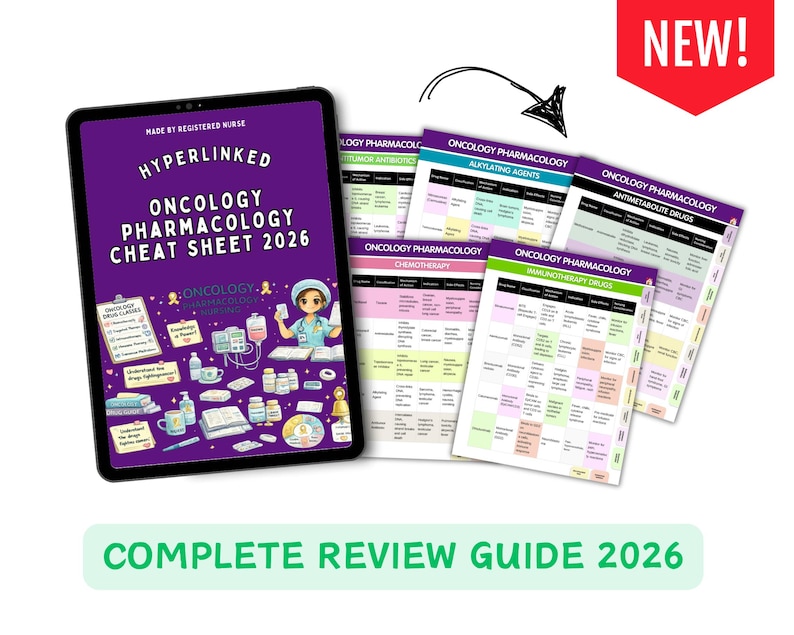 May include: A digital tablet displaying a purple cover titled Hyperlinked Oncology Pharmacology Cheat Sheet 2026 with medical illustrations, alongside several printed pages of pharmacology tables and a red New banner with a hand-drawn arrow.