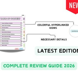 May include: A digital study guide titled Complete Review Guide 2026 featuring a Table of Content with sections like Airway, Breathing, Circulation, NCLEX Strategies, and Mental Health. It includes colorful hyperlinked icons and necessary details.