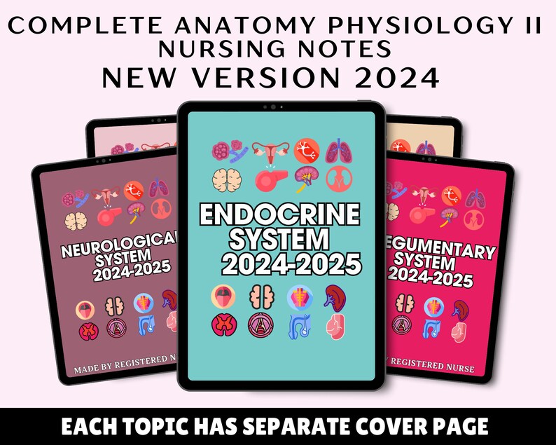 May include: A collection of digital tablets displaying nursing notes. The tablets feature titles like "Endocrine System" and "Neurological System" with the years 2024-2025. Each tablet has colorful anatomical illustrations and the text "Each topic has separate cover page."