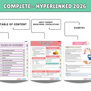 May include: A digital NCLEX study guide featuring three pages with a table of contents, ABCs, and diabetes information. The pages include text, bullet points, and medical illustrations, with navigation tabs on the sides and a header reading COMPLETE - HYPERLINKED 2026.