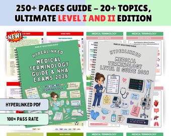 May include: Two spiral-bound medical terminology study guides with green and white covers. The text reads 250+ PAGES GUIDE - 20+ TOPICS, ULTIMATE LEVEL I AND II EDITION, HYPERLINKED MEDICAL TERMINOLOGY GUIDE & NHA EXAMS 2026, and MEDICAL TERMINOLOGY LEVEL II GUIDE 2026.