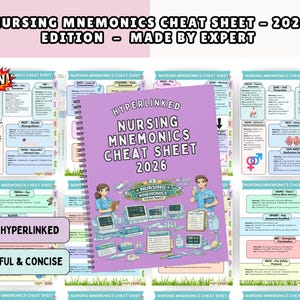 Paquete de hojas de referencia con mnemotecnia para enfermería, guía de estudio de enfermería, apuntes de medicina y cirugía, farmacología, salud mental, valores de laboratorio, apuntes de obstetricia, apuntes de enfermería.