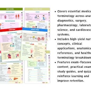 May include: A collection of educational medical study sheets featuring colorful diagrams, charts, and text covering body cavities, diagnostic terms, word parts, and surgical procedures. The pages include sections on anatomy, nursing concepts, and clinical terminology.