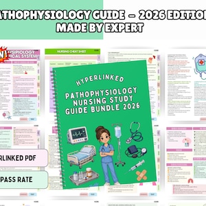 May include: A spiral-bound nursing study guide with a green cover featuring the text HYPERLINKED PATHOPHYSIOLOGY NURSING STUDY GUIDE BUNDLE 2026, an illustration of a nurse, a hospital bed, a monitor, an IV pole, a stethoscope, and a syringe.