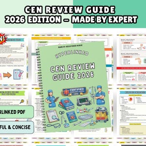 May include: A light green spiral-bound book titled "CEN REVIEW GUIDE 2026" with the text "MADE BY EXPERT." The image includes medical illustrations, diagrams, and the words "HYPERLINKED PDF" and "COLORFUL & CONCISE."