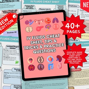 Op de afbeelding: Een digitale tablet toont een "IV Fluids Cheat Sheet" met tips, trucs en oefenvragen. Het roze blad bevat medische diagrammen en de tekst "NEW EDITION" en "40+ PAGES".