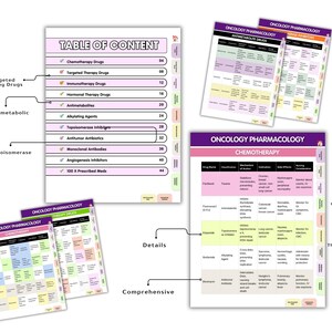 May include: A set of oncology pharmacology study sheets featuring a table of contents and detailed charts. The pages include color-coded sections for chemotherapy, targeted therapy, and immunotherapy drugs, with clear headings and organized data tables.