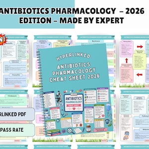 May include: A spiral-bound study guide titled Hyperlinked Antibiotics Pharmacology Cheat Sheet 2026, featuring a teal cover with medical illustrations including a microscope, stethoscope, and pills, surrounded by multiple pages of detailed drug charts.