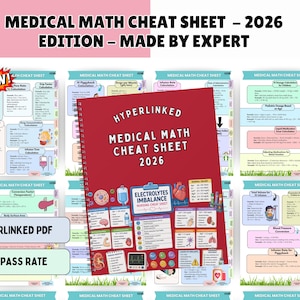 May include: A spiral-bound medical math cheat sheet for 2026 with a red cover featuring the text Hyperlinked Medical Math Cheat Sheet 2026 and Electrolytes Imbalance Nursing Cheat Sheet, surrounded by various medical calculation reference pages.