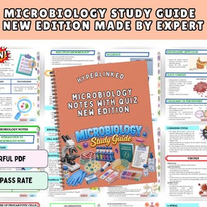 May include: A spiral-bound microbiology study guide with a cover featuring a microscope, petri dishes, test tubes, and gloves. The text reads Microbiology Notes With Quiz New Edition and Microbiology Study Guide.