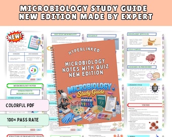 May include: A spiral-bound microbiology study guide with a cover featuring a microscope, petri dishes, test tubes, and gloves. The text reads Microbiology Notes With Quiz New Edition and Microbiology Study Guide.