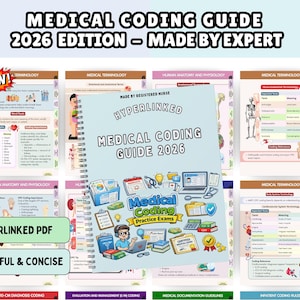Può includere: Una guida alla codifica medica per il 2026, realizzata da un esperto, con copertina azzurra e rilegatura a spirale. La guida include il testo "Medical Coding Guide 2026" e "Medical Coding Practice Exams". La guida è descritta come un PDF ipertestuale, colorato e conciso.