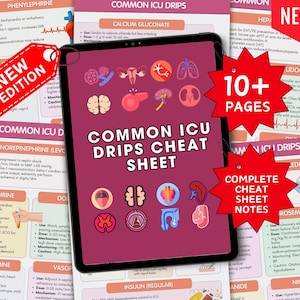 May include: A digital medical reference sheet titled "Common ICU Drips Cheat Sheet" displayed on a tablet. The sheet includes information on various medications, with the text "New Edition" and "10+ Pages" highlighted. The sheet is designed for medical professionals.