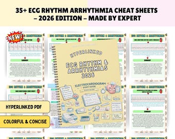 ECG Rhythm Arrhythmia Cheat Sheets, Cardiac ICU Guide, Hyperlinked 2026 (Digital Download)