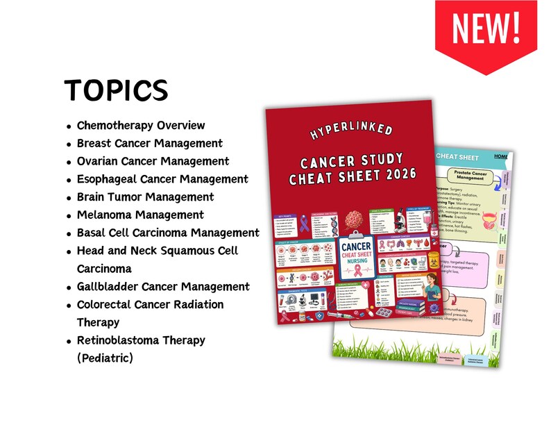 May include: A digital study guide titled Hyperlinked Cancer Study Cheat Sheet 2026 with a red cover featuring medical illustrations and a list of topics including chemotherapy, breast, ovarian, esophageal, brain, and various other cancer management.