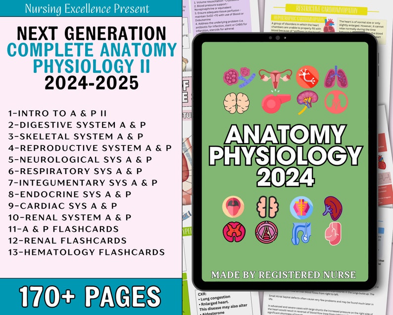 May include: A digital tablet displays "Anatomy Physiology 2024" with anatomical illustrations. The image includes a list of topics such as the digestive, skeletal, and respiratory systems. The text "Next Generation Complete Anatomy Physiology II 2024-2025" is also visible.