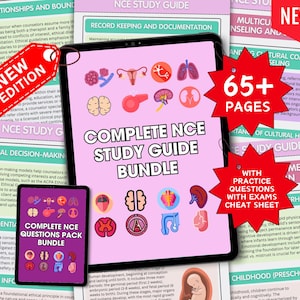 Guía de estudio completa del NCE con notas detalladas, definiciones y conceptos clave, exámenes de práctica, preguntas de escenario y hojas de trucos.