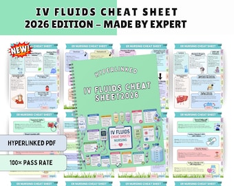May include: A spiral-bound IV Fluids Cheat Sheet 2026 guide featuring a light green cover with medical illustrations of IV bags, tubing, and nursing equipment. The text reads Hyperlinked IV Fluids Cheat Sheet 2026, surrounded by multiple reference pages.