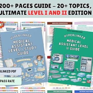 May include: Two spiral-bound medical assistant study guides. The blue cover reads Hyperlinked Medical Assistant Level I Study Guide, and the green cover reads Hyperlinked Medical Assistant Level II Guide. Both feature illustrations of medical equipment.
