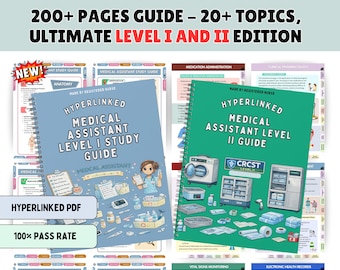 May include: Two spiral-bound medical assistant study guides. The blue cover reads Hyperlinked Medical Assistant Level I Study Guide, and the green cover reads Hyperlinked Medical Assistant Level II Guide. Both feature illustrations of medical equipment.