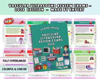 May include: A spiral-bound study guide titled VASCULAR ULTRASOUND REVIEW EXAMS 2026 with a teal cover featuring medical illustrations of a nurse, emergency equipment, and supplies. The background displays multiple pages of vascular medical content.