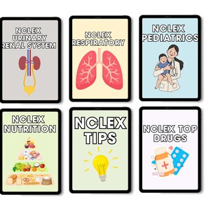 May include: Six digital tablets displaying educational study guides for nursing exams. The screens feature titles including NCLEX Urinary Renal System, Respiratory, Pediatrics, Nutrition, Tips, and Top Drugs, accompanied by relevant medical illustrations.
