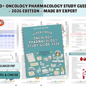 Puede incluir: Una guía de estudio en espiral turquesa titulada "Oncology Pharmacology Study Guide 2026" con el texto "Made by Expert". La guía está rodeada de páginas con gráficos y diagramas. También son visibles las palabras "Hyperlinked PDF" y "Colorful & Concise".