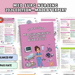 May include: A spiral-bound medical surgical nursing study guide bundle for 2026 with a pink cover featuring a cartoon nurse, hospital bed, IV pole, stethoscope, and medical equipment. The text reads Hyperlinked Med Surg Nursing Study Guide Bundle 2026.