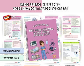May include: A spiral-bound medical surgical nursing study guide bundle for 2026 with a pink cover featuring a cartoon nurse, hospital bed, IV pole, stethoscope, and medical equipment. The text reads Hyperlinked Med Surg Nursing Study Guide Bundle 2026.