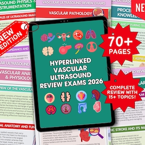 以下が含まれることがあります： 解剖図が描かれた「ハイパーリンク血管超音波レビュー試験2026」が表示されたデジタルタブレット。画面は、「超音波物理学」や「血管病理学」などのタイトルが付いた教育資料に囲まれています。「新版」と書かれた赤いタグ。